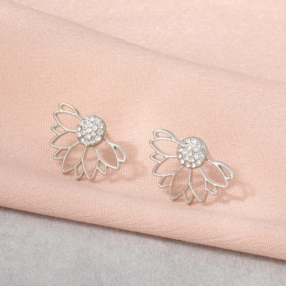 New Creative Hollow Lotus-shaped Flower Full Crystal Double Side Back Post Hanging Stud Earrings for Women Jewelry