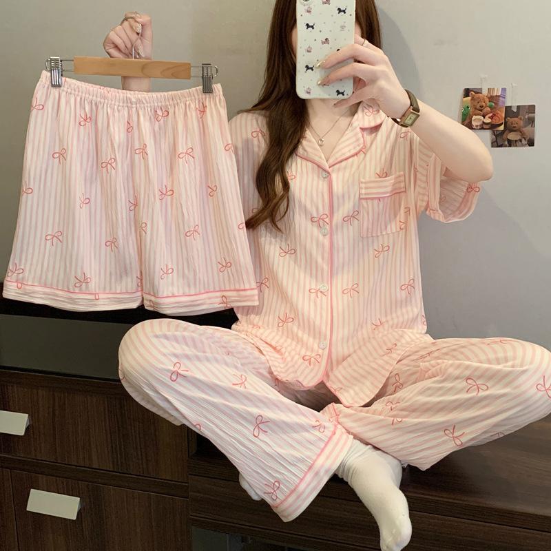 Striped Bow Wrinkled Cloth Pajamas Women'S Summer Short-Sleeved Three-Piece Set Niche Spring Summer Loungewear