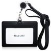 BALLOT Genuine Leather ID Card Holder Name Holder Horizontal Pass Case Neck Strap with Telescopic Reel [Smoothly Stretches] (Black)