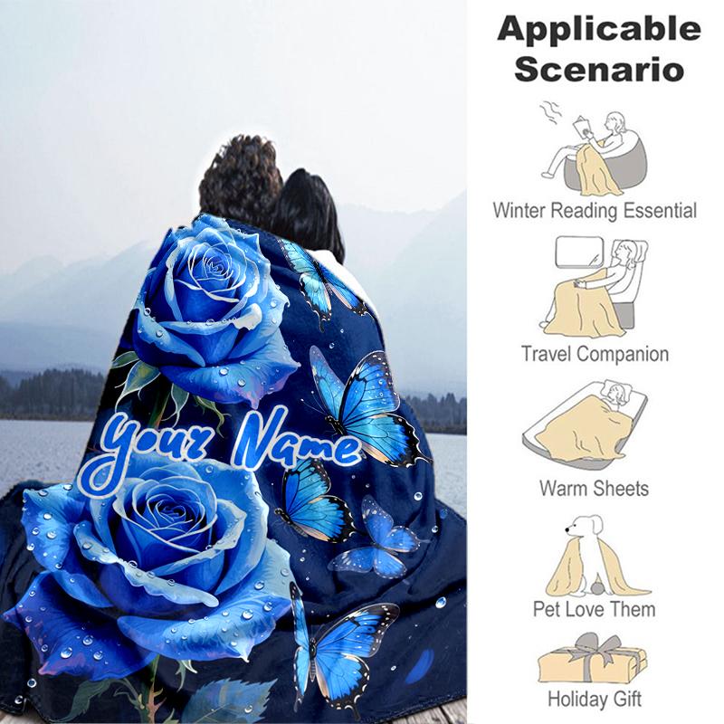 1PC Custom Name Blue Roses Butterflies flannel blanket versatile,all-season throw suitable for the living room,bedroom,camping,travel,and gift