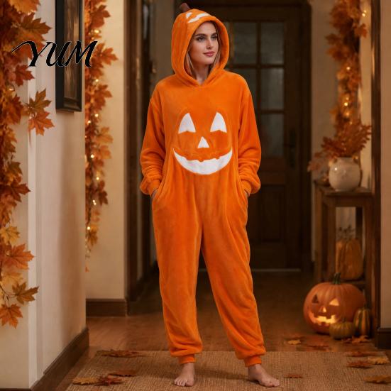 Funny Cosplay Romper Halloween Pumpkin Onesie Pajamas, Adult Jumpsuit with Happy Plush Fleece Homewear Face, Soft Hooded Costume for Party Night,