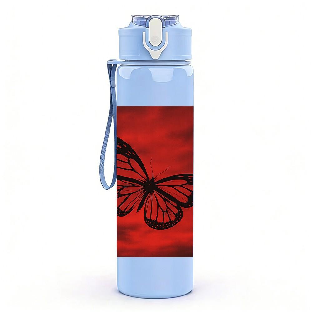 1PC Red Background Butterfly Art 750ml Color Plastic Sports Water Bottle Leakproof Flip Straw Lid Suitable for Sports Office Home Use