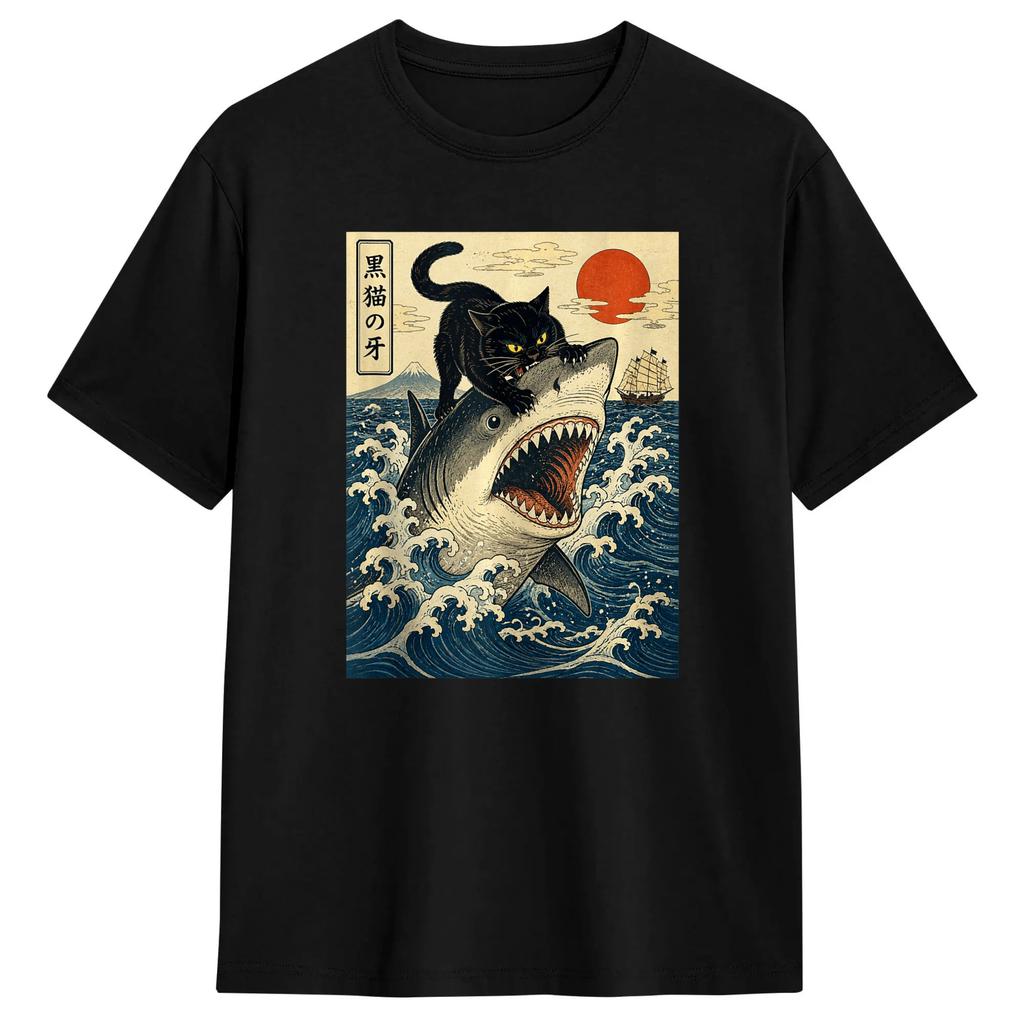 Black Cat Biting Shark Cool Japanese Funny Cat Anime T Shirt Summer Trendy Cool T-Shirts s 100 Cotton Plus Size 5XL Clothes