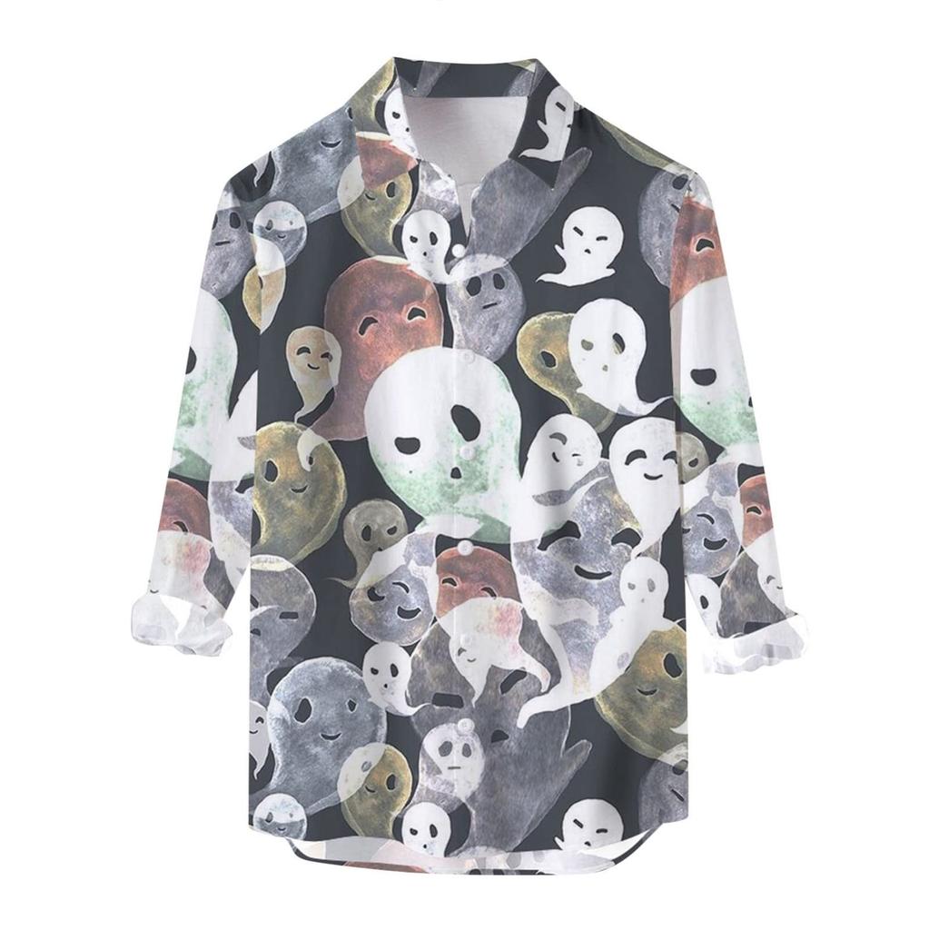 Мужская рубашка на Хэллоуин с тыквой, приталенная рубашка на пуговицах с длинным рукавом, забавная гавайская пляжная рубашка, тематическая одежда для вечеринок