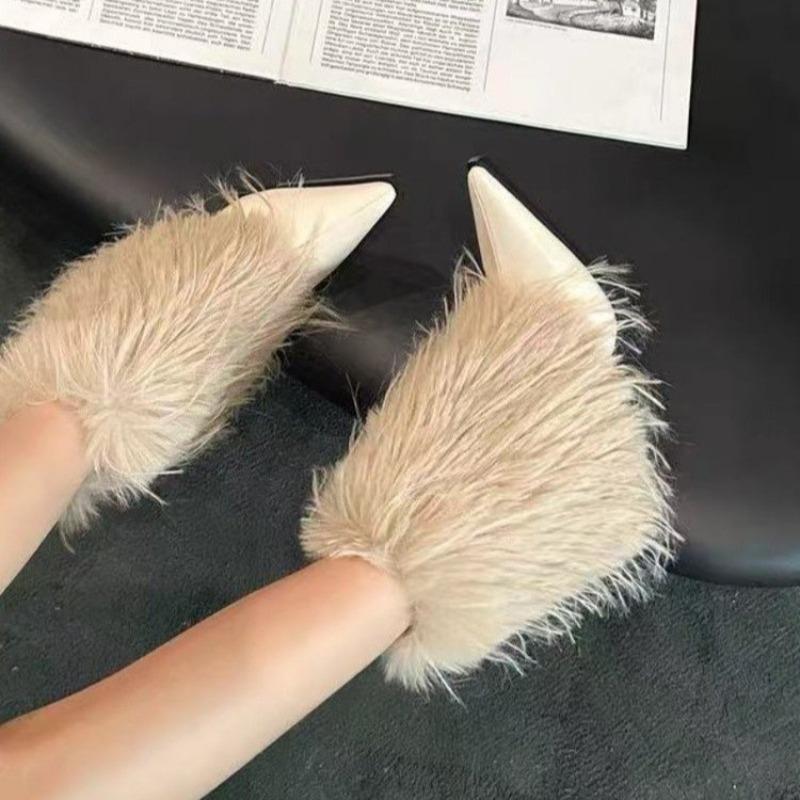 Fashion Fur Women Ankle Boots Sexy Pointed Toe High Heels Shoes Designer 2025 Winter Trend New Fashion Boots Dress Party Woman Pumps
