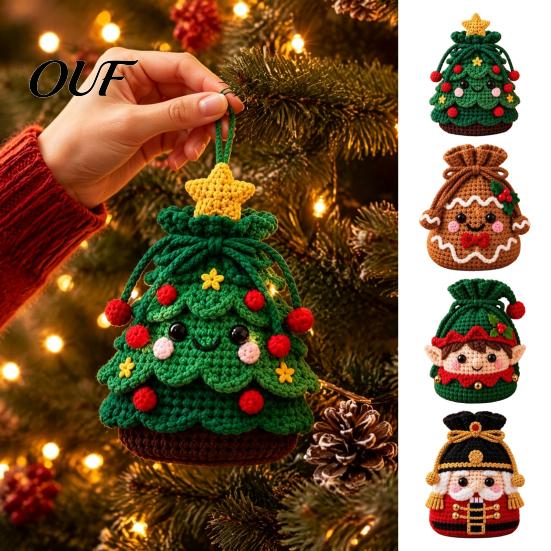 Winter Room Decoration DIY Christmas Crochet Gift Bag Material Kit for Beginners, Handmade Knitted Festive Craft Bag Creative Xmas Tree/Elf/Nutcracker