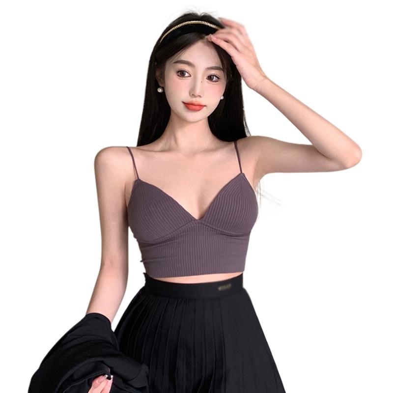 Women Camisoles Padded Slim Fit Exposed Navel Sleeveless Solid Color