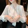 Lotus Leaf Edge Bow Chiffon Shirt Women's Autumn Outfit White Base Shirt Loose T-shirt Autumn Top