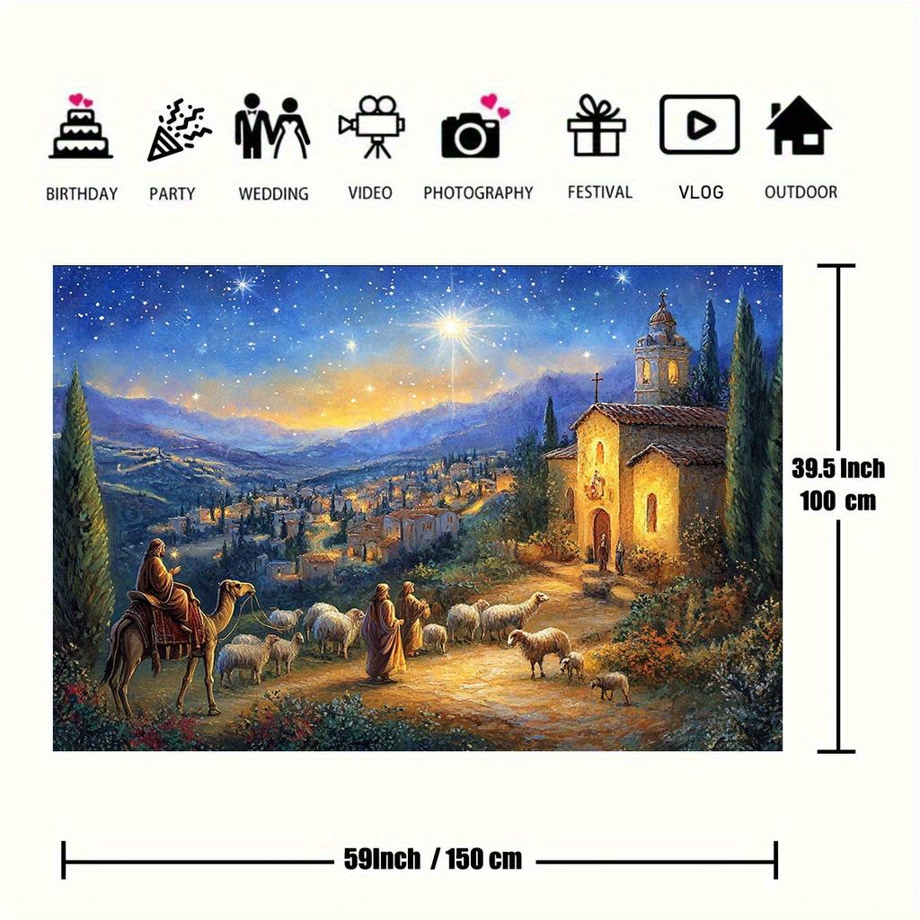 1pc Nativity scene Christmas background with starry sky, church, shepherd and sheep - Religious festival party banner, polyester