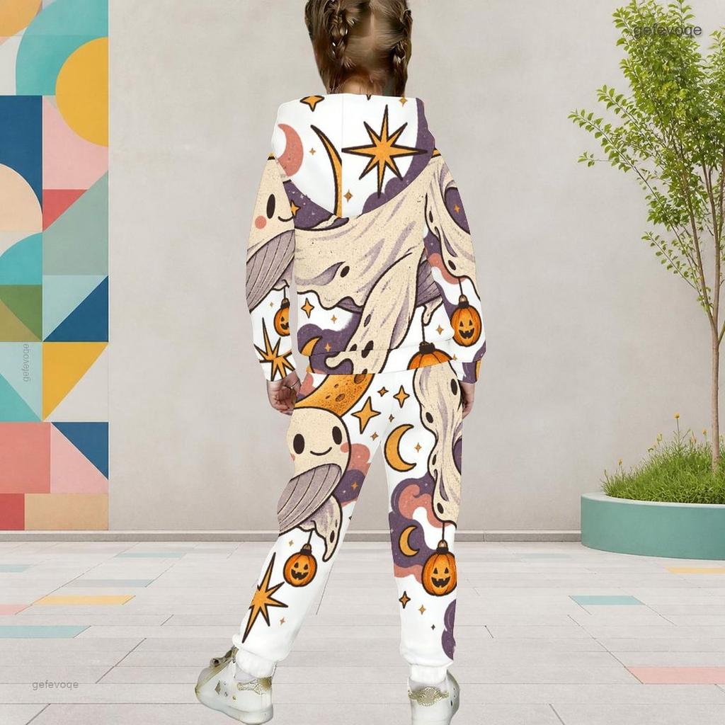 Girls Cute Lamb Printed Hooded Long Sleeve Two Piece Set Kangaroo Pocket Cuffed Pants Outfit