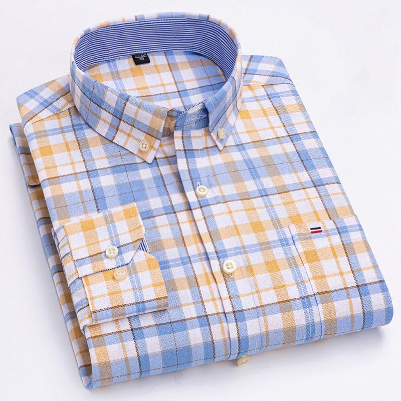 Oxford Men Fashion 100% Cotton Thin Long Sleeve Casual Slim Solid Color Plaid Print Stripe Formal Dress Shirt Plus Size
