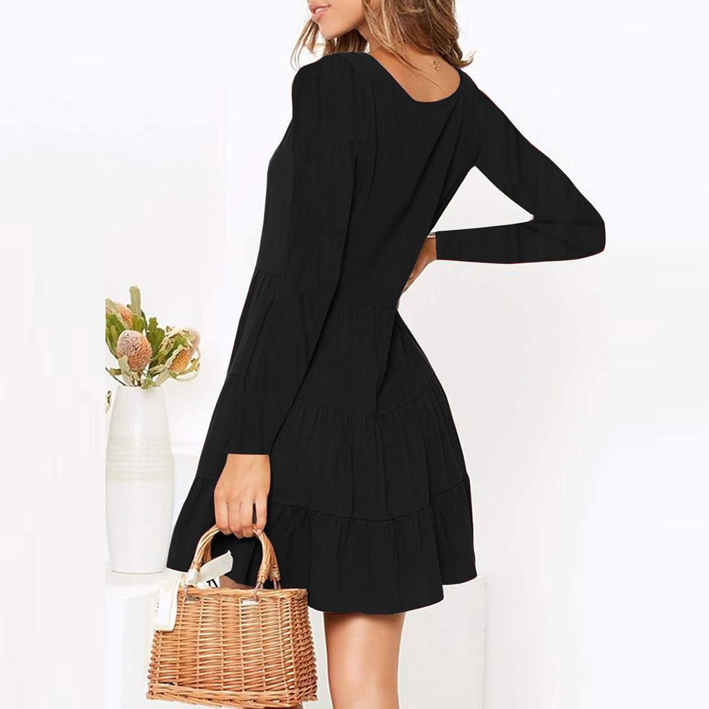 Women's Casual Button Down Long Sleeve V Neck Flowy Loose Fit Swing Cute Short  Dress
