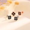 Exquisite Black Heart Four-Leaf Clover Screw Back Earrings with Drip Glue for Women