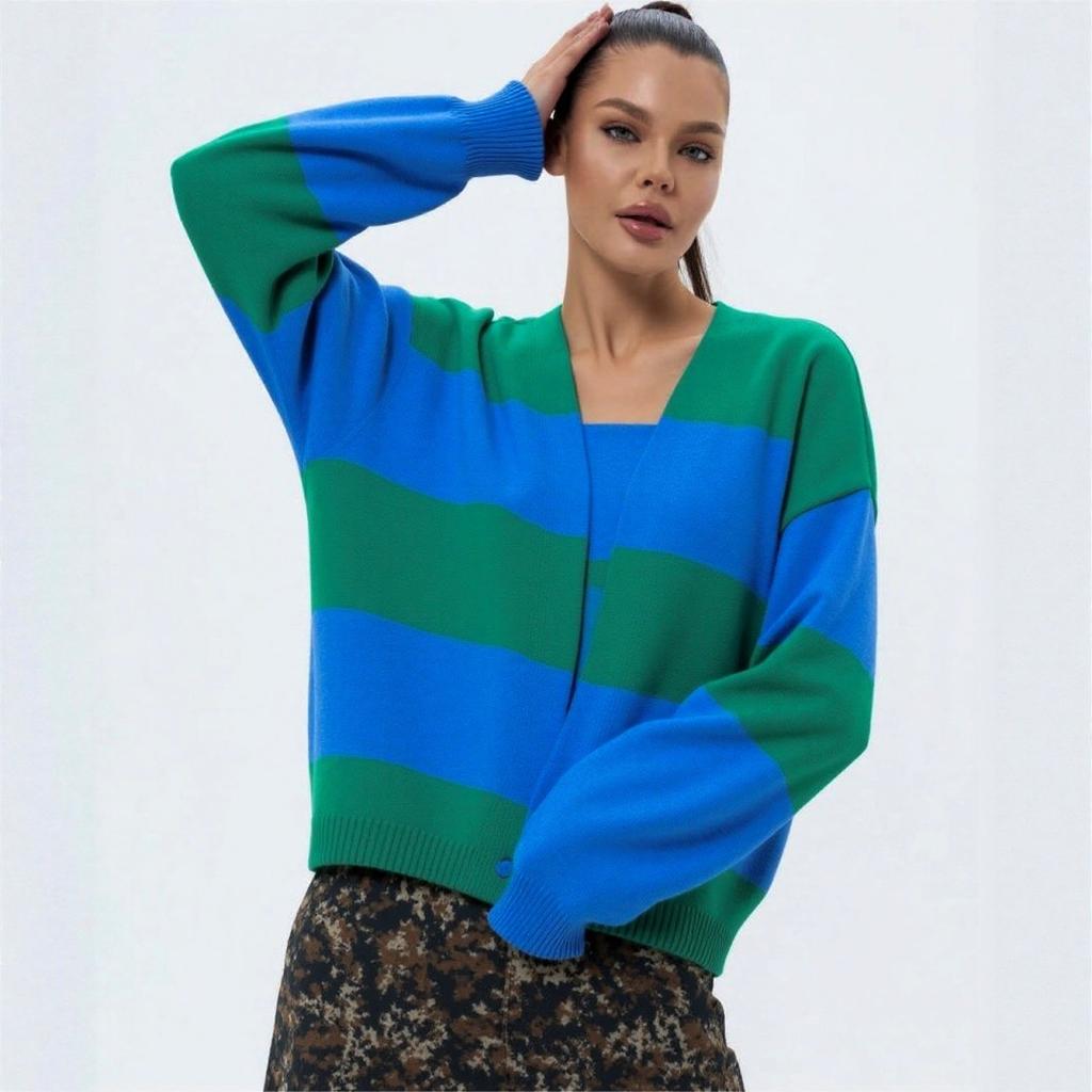 Sweater with European and American style, color-blocked striped cardigan for women, loose long-sleeve knit jacket for women, women's sweater
