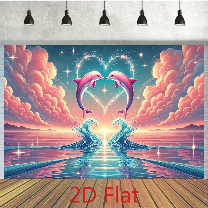 2D Pink Dolphin Heart Backdrop, Romantic Ocean Sunset Photography Backgr