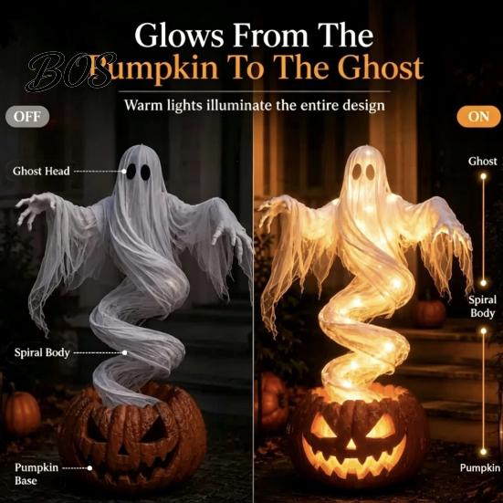 Creative Yard Atmosphere Lights Ghost Pumpkin Lamp, Halloween Resin Figurine with Warm LED Light, Decorations Spooky Swirling on Base, Tabletop Decor