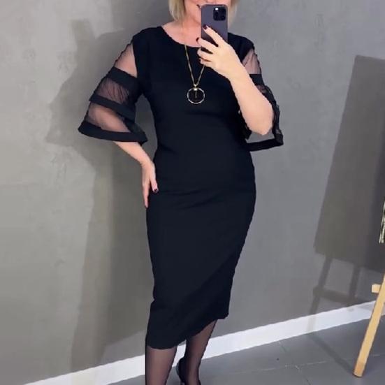 Women Midi Dress O-Neck Mesh Stitching 3/4 Flared Sleeve Casual Dress Back Zipper Elegant Office Lady Dress