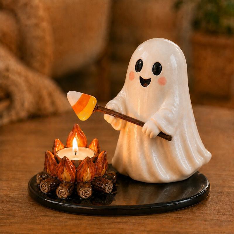 Halloween Bonfire Tea Light Holder Resin Craft Night Light Spooky Campfire Figurine Ambient Glow Party Table Decor