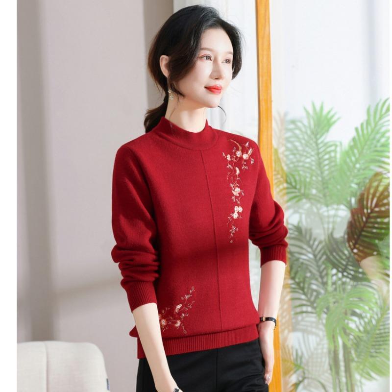 New Middle-aged and Elderly Women's Semi-turtleneck Warm Knitted Jacquard Bottoming Shirt Mother Sweater Piled and Thickened Autumn and Winter