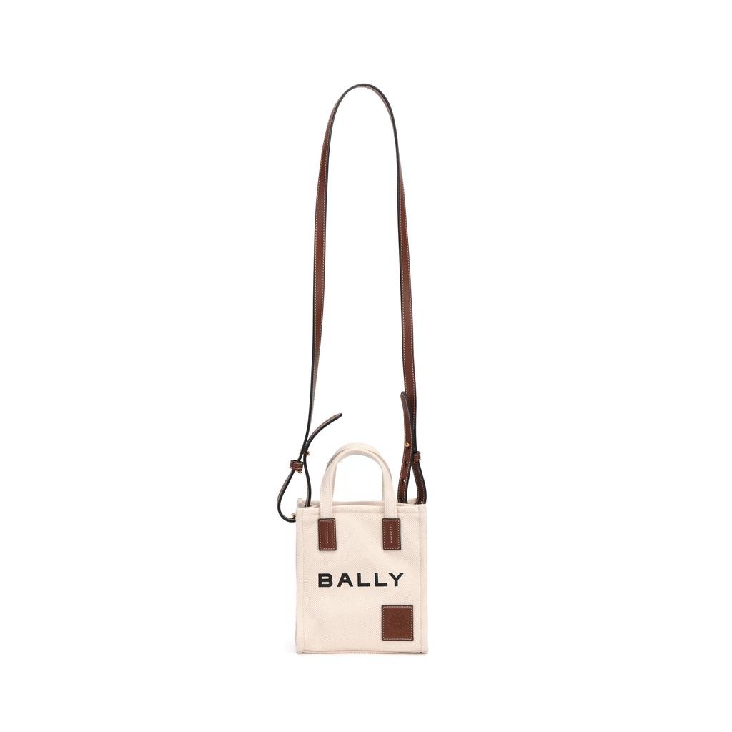 Bally Хлопковая ткань с принтом логотипа Акелей и кожаной отделкой, мини-сумка-тоут, женская сумка-тоут, бежевая 6307810