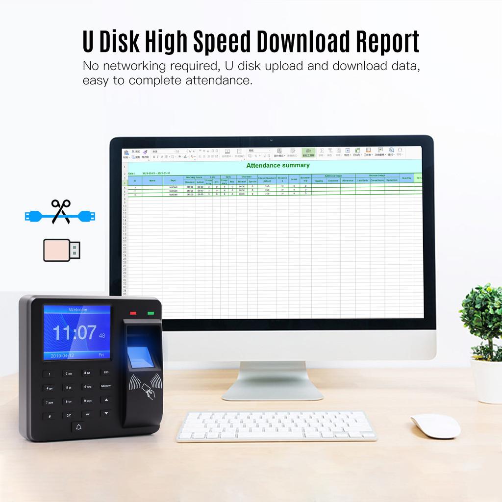Access Control Time Attendance NaMachine Fingerprint/Password/ID Card Recognition Time Clock with 2.4 Inch Display Screen Employee Checking-in Recorde