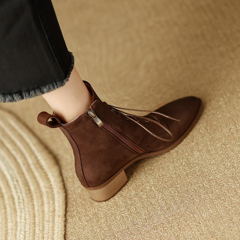 2024 New Women Boots Ankle Boots Thick High Heels Genuine Leather Shoes Woman Mature Office Lady Autumn Winter Lace-up Shoes