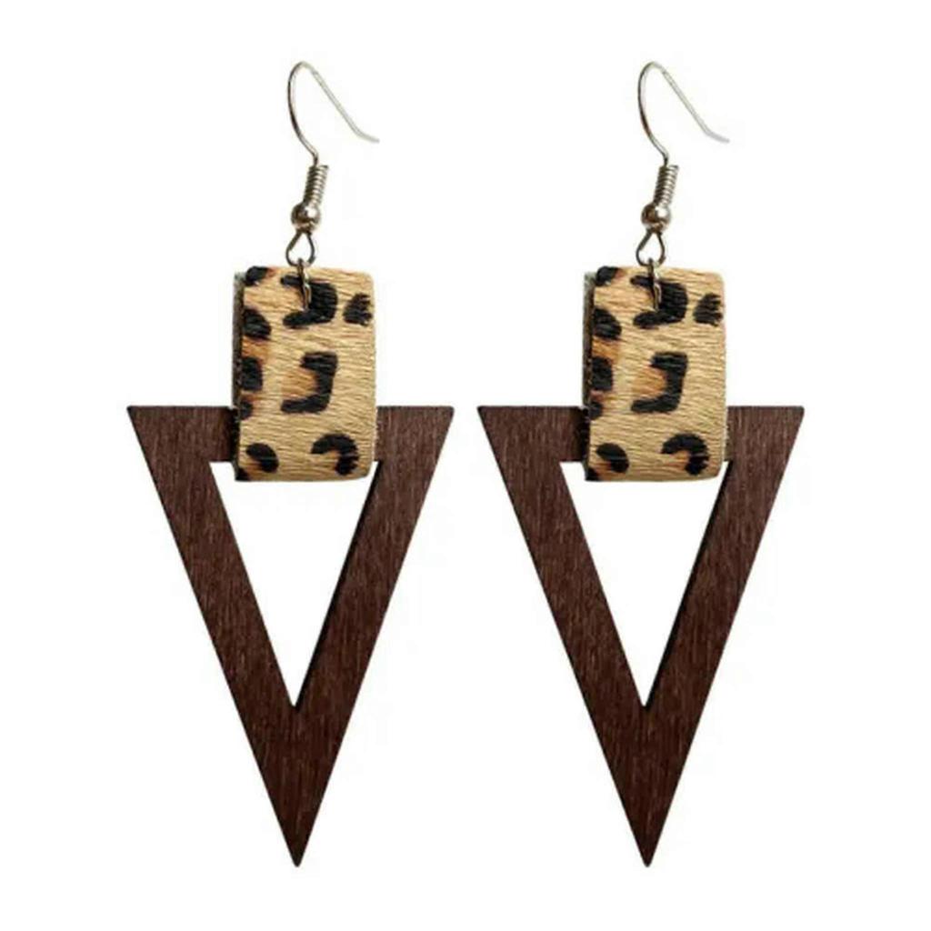 RSAMD Genuine Leather Wood Triangle Geometric Drop Earrings Statement Wooden Jewelry-#1