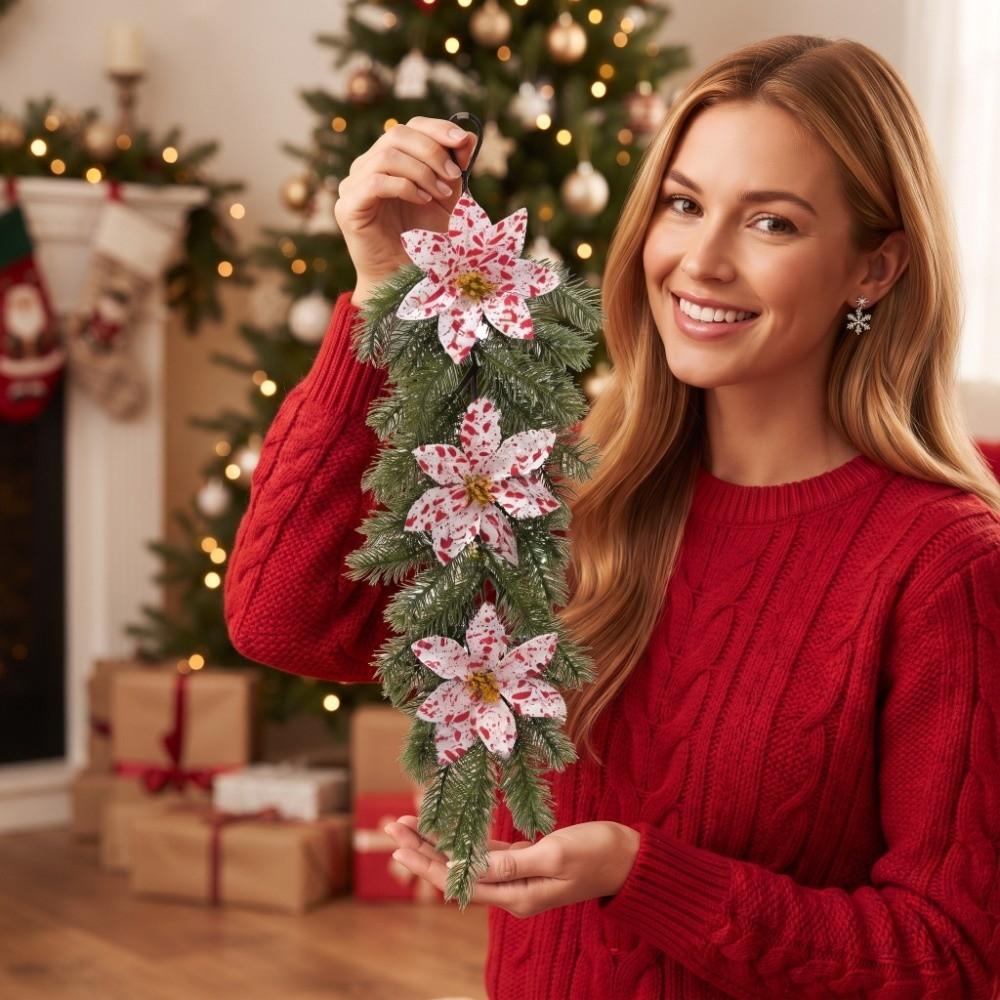 Faux Flower Artificial Pine Branch Hanging Poinsettia Flower Hanging Ornament Home Party