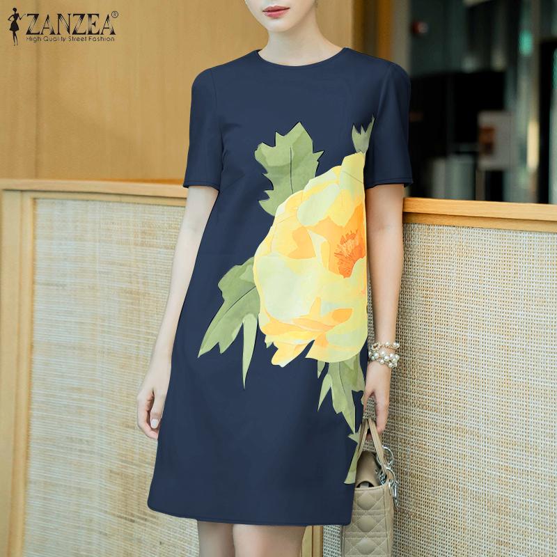 ZANZEA Женское повседневное платье с коротким рукавом с круглым вырезом и цветочным принтом