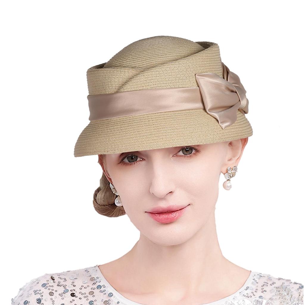 Women’s Vintage Straw Cloche Church Hat with Satin Bow | Elegant Bowler Bucket Hat for Tea Party Wedding Garden Formal Events