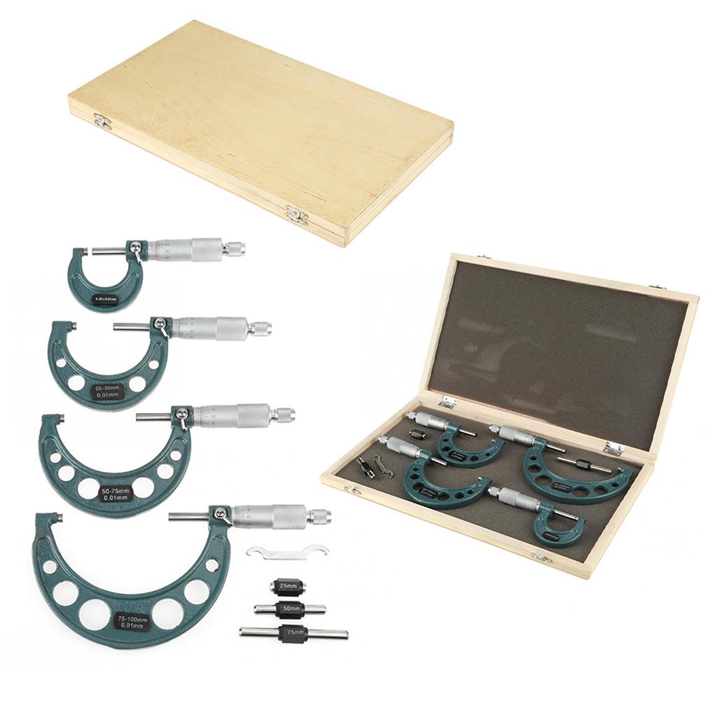 4pcs 0‑100mm Metric Outside Micrometers Thickness Gauge Measuring Calipers with Case