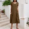 ZANZEA Women Casual Round Neck Solid Color Summer Short Sleeve Dress
