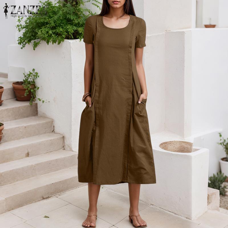 ZANZEA Women Casual Round Neck Solid Color Summer Short Sleeve Dress