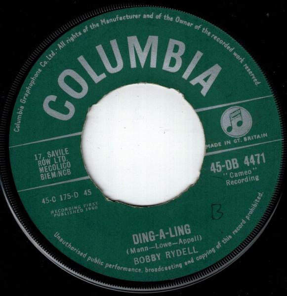 7-дюймовая пластинка БОББИ РАЙДЕЛЛ - Динг-А-Линг 45DB4471 Columbia 1960 Великобритания Рок Б/У