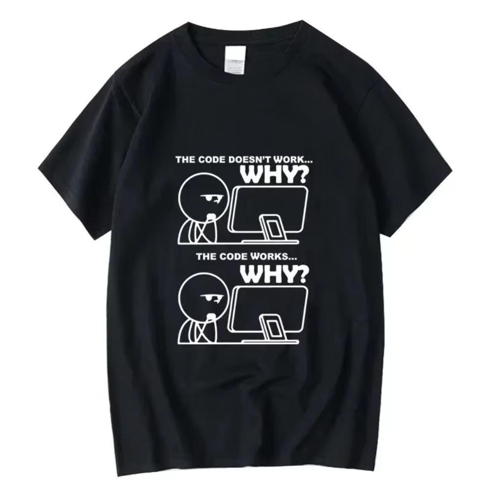 Творческий Забавный Программист Код Работает Почему Мем Принт Футболка Camiseta Hombre Linux Операционная Система Мода Уличная Одежда Для Подарка