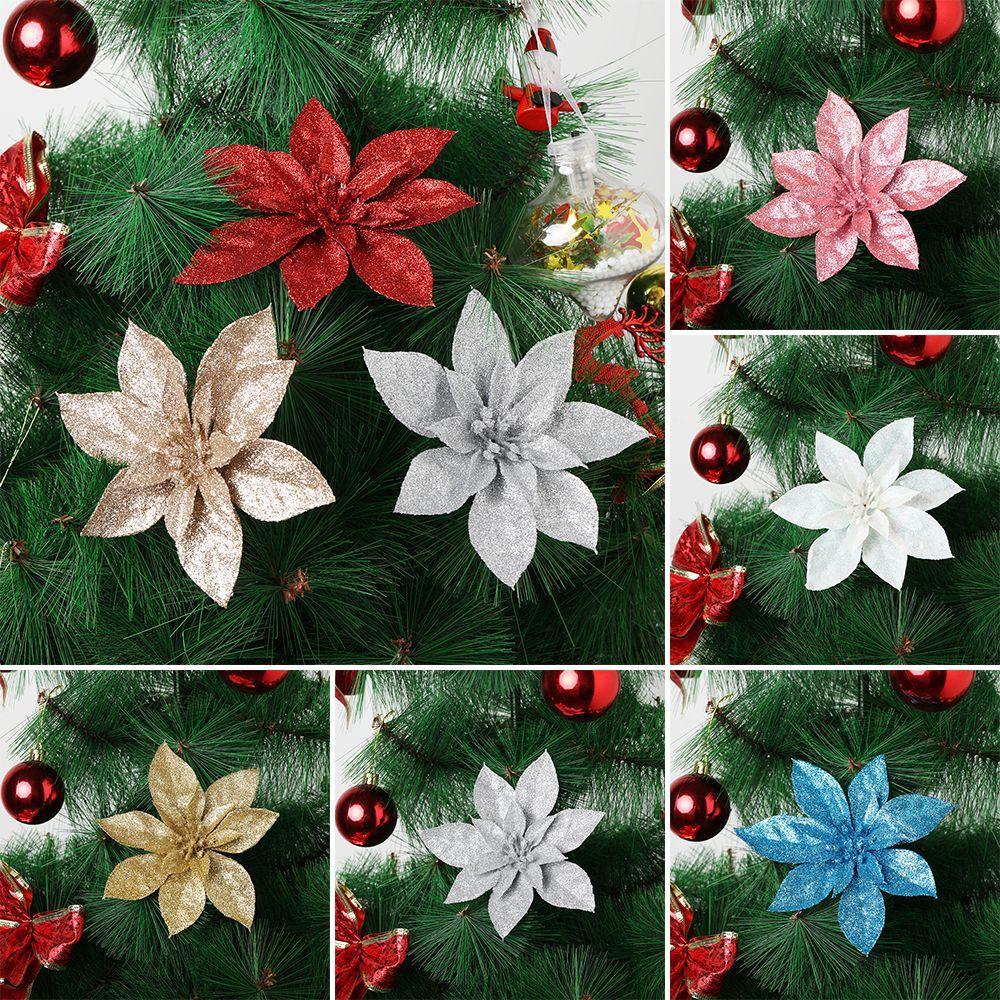 Merry Christmas Xmas Tree Decorations Poinsettia Glitter Flower Christmas Flowers Fake Flowers