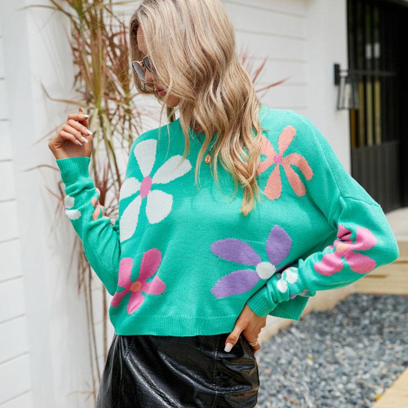 2024 Женский цветочный сладкий пуловер свободный свитер с длинными рукавами и круглым вырезом милый повседневный универсальный вязаный топ