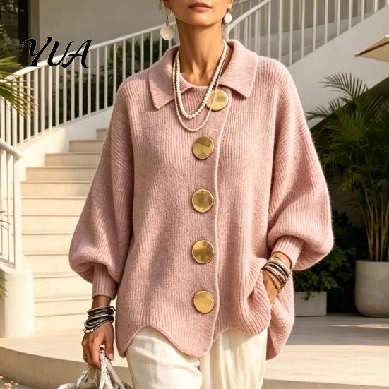 Lantern Sleeve Cardigan Women Oversized Knit Sweater, Collared Top with Large Metal Button Front Outerwear Buttons, Loose Casual Sweater for