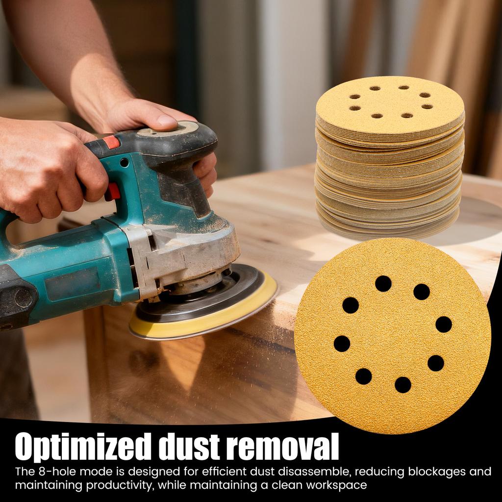 100Pcs 5inch 125mm 8 Hole Sanding Discs Sandpaper 60-320 Grits Gold Round Hook and Loop for Random Orbital Sander for Wood