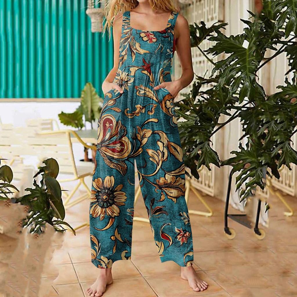 Women's Fashion Casual Loose Back Straps Wide Leg Vintage Printed Jumpsuit