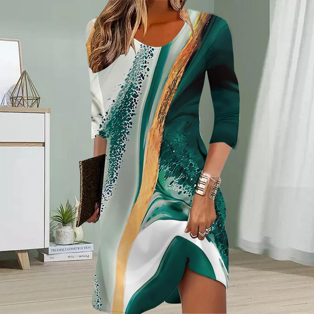 Женское повседневное платье Осенние платья с принтом Jade River для женщин с круглым вырезом и короткими рукавами Платье размера плюс