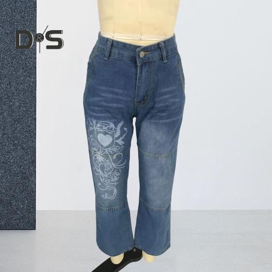 Women Jeans Mid Waist Irregular Individual Printing Retro Style Straight Wide Leg Patchwork Full Length Trousers for Vacation Travel Work School