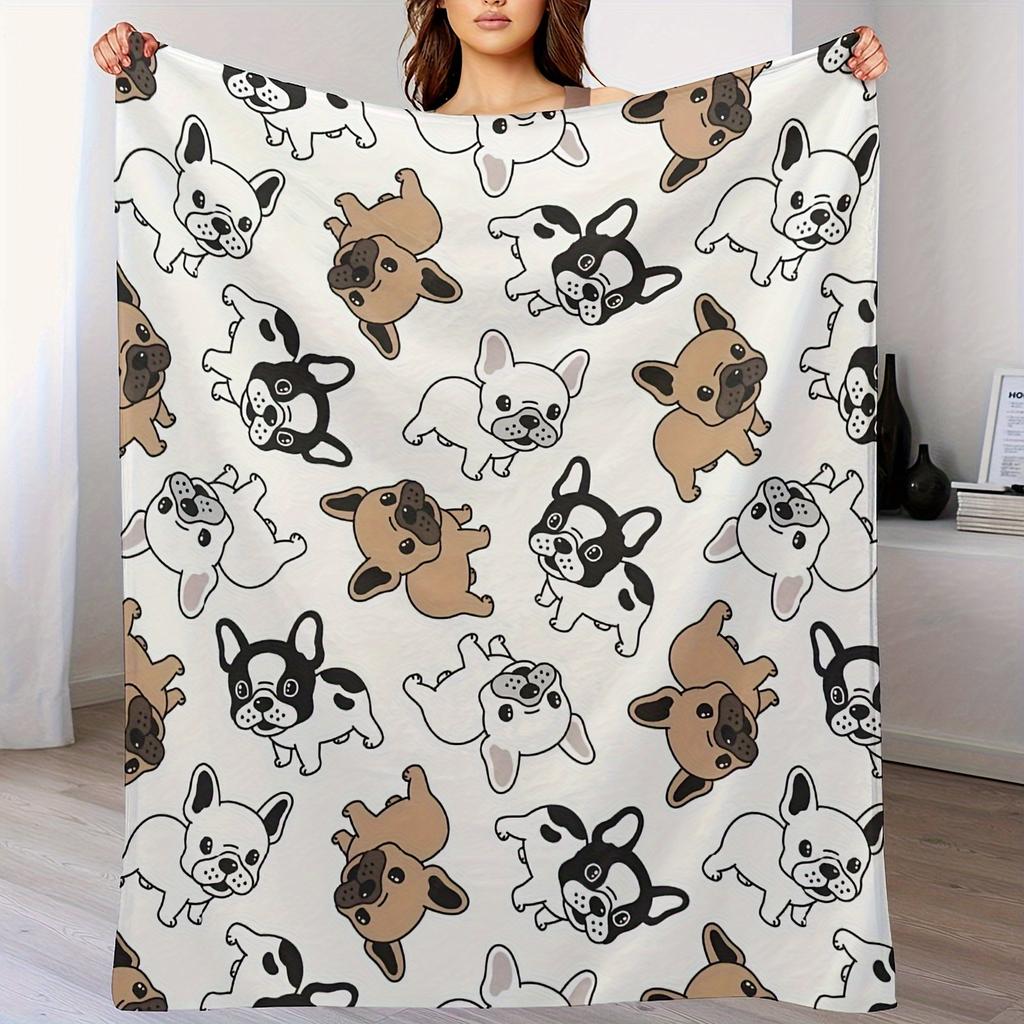 1pc Throw Contemporary Style Digital Printed French Bulldog Flannel Blanket for Couch Bed Sofa Comfy Warm Blankets All Season