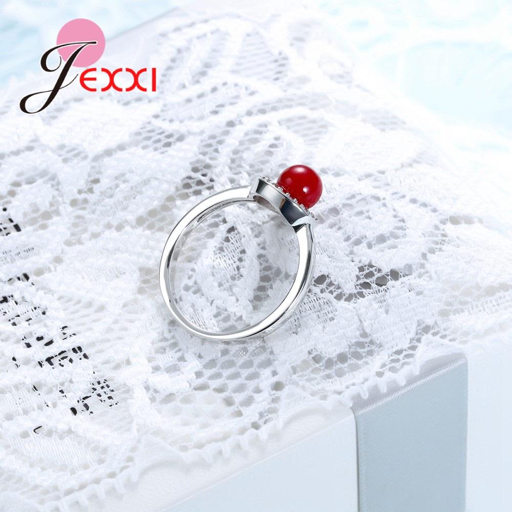 Simple Style 925 Sterling Silver Color Rings Round Setting Austrian Crystal CZ Engagement Women Jewelry Red Color Ball Ring