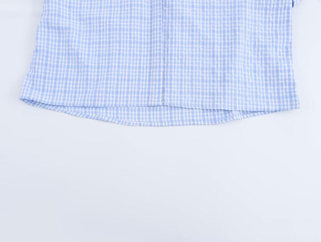 Spring 2025 Women's European & American Plaid Tie-Up Peter Pan Collar Shirt