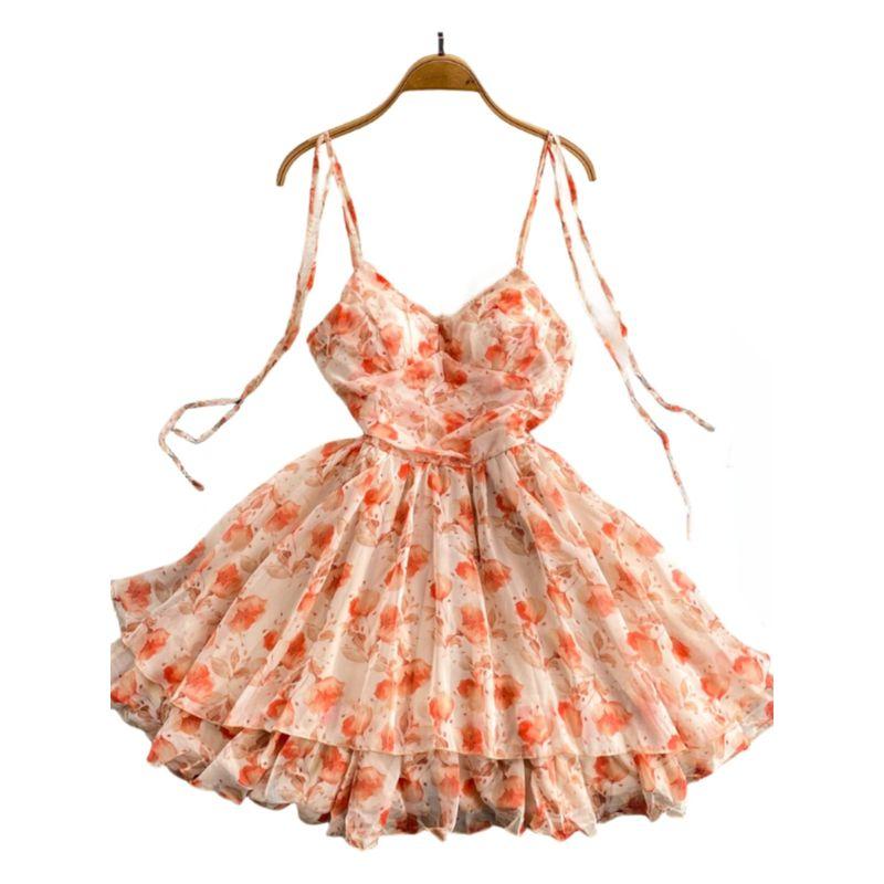 Sweet Chest Pad Orange Sling Dress Lace