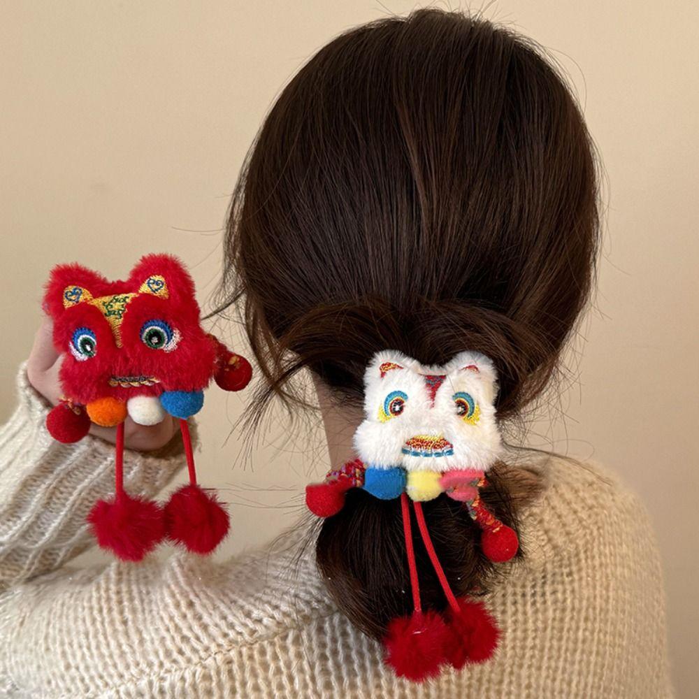 Ponytail Holder New Year Hair Rope Tassel Plush Elastic Hair Band Lion Awakening Headwear Female