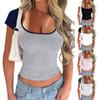 Женский свободный повседневный контрастный топ с короткими рукавами и U-образным вырезом Контрастный топ с короткими рукавами и U-образным вырезом