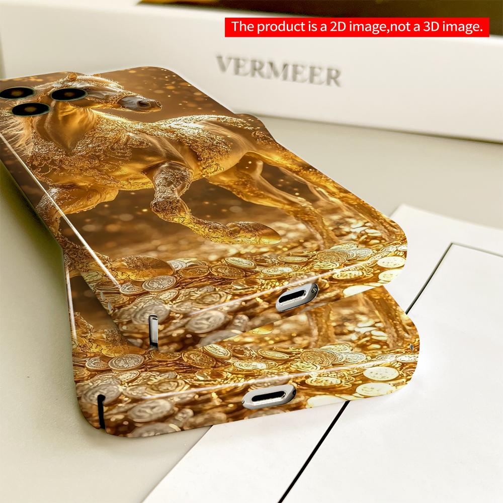 2DFlat Golden Horse Amid Coins Luxury Phone Case All inclusive film hard phone case, compatible with iPhone 18 Pro Max 17 16 15 14 13 12 11