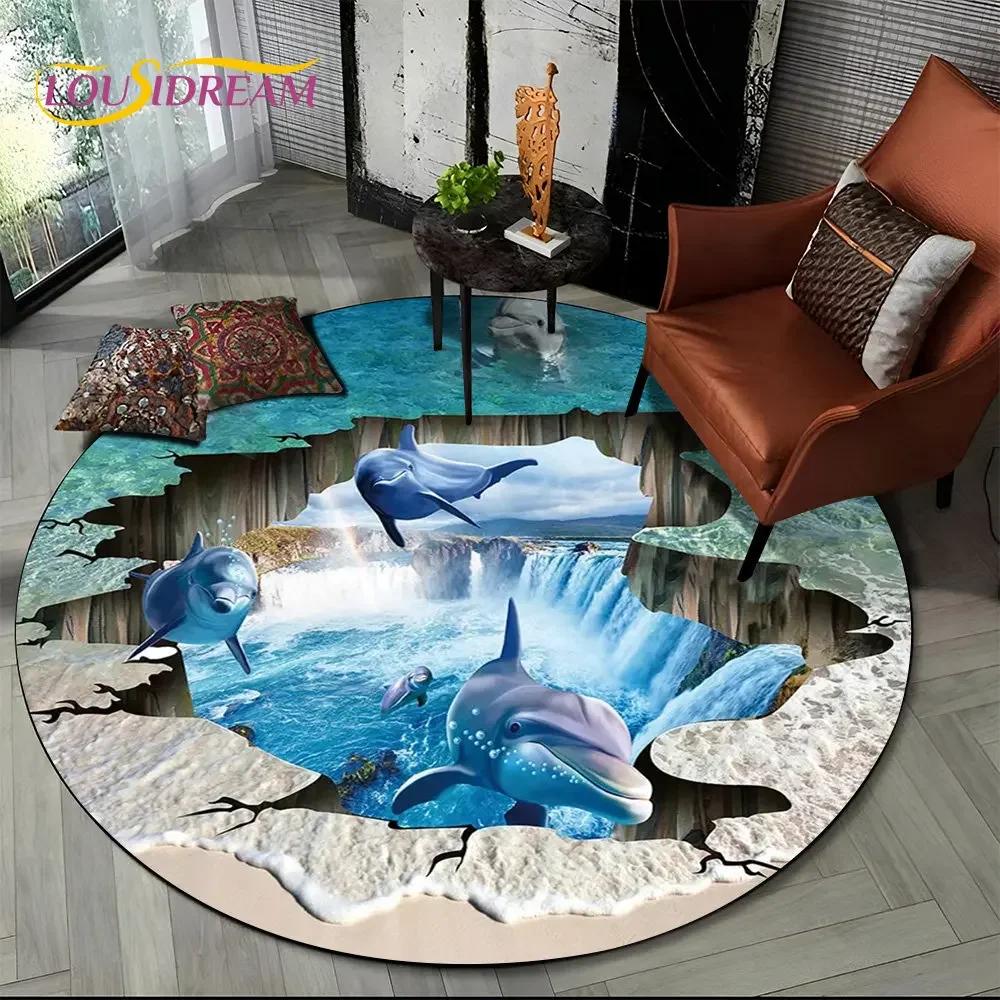 Круглый ковер 3D Иллюзия Морского Дна Дельфин, Коврик с Принтом Подводного Мира Нескользящий для Гостиной, Спальни, Игровой Комнаты, Декора Дома